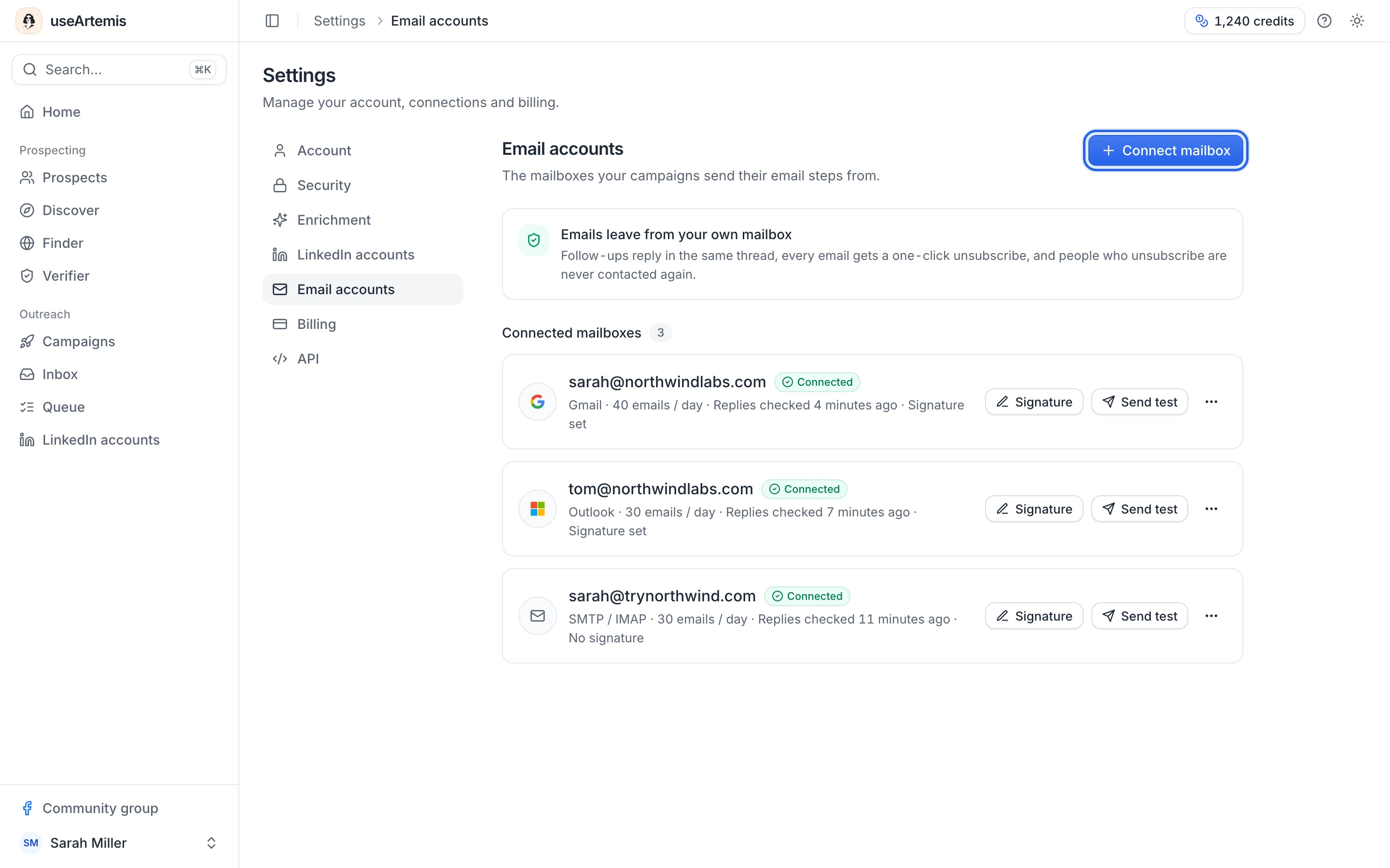 Settings › Email accounts with three connected mailboxes and the Connect mailbox button at the top right