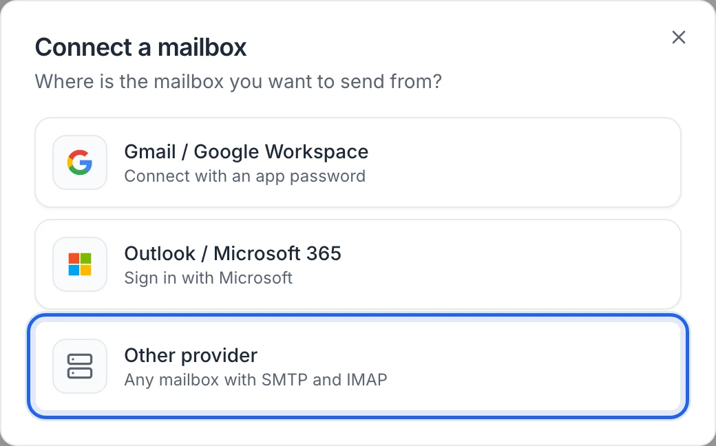 The Connect a mailbox dialog with three choices: Gmail / Google Workspace, Outlook / Microsoft 365 and Other provider