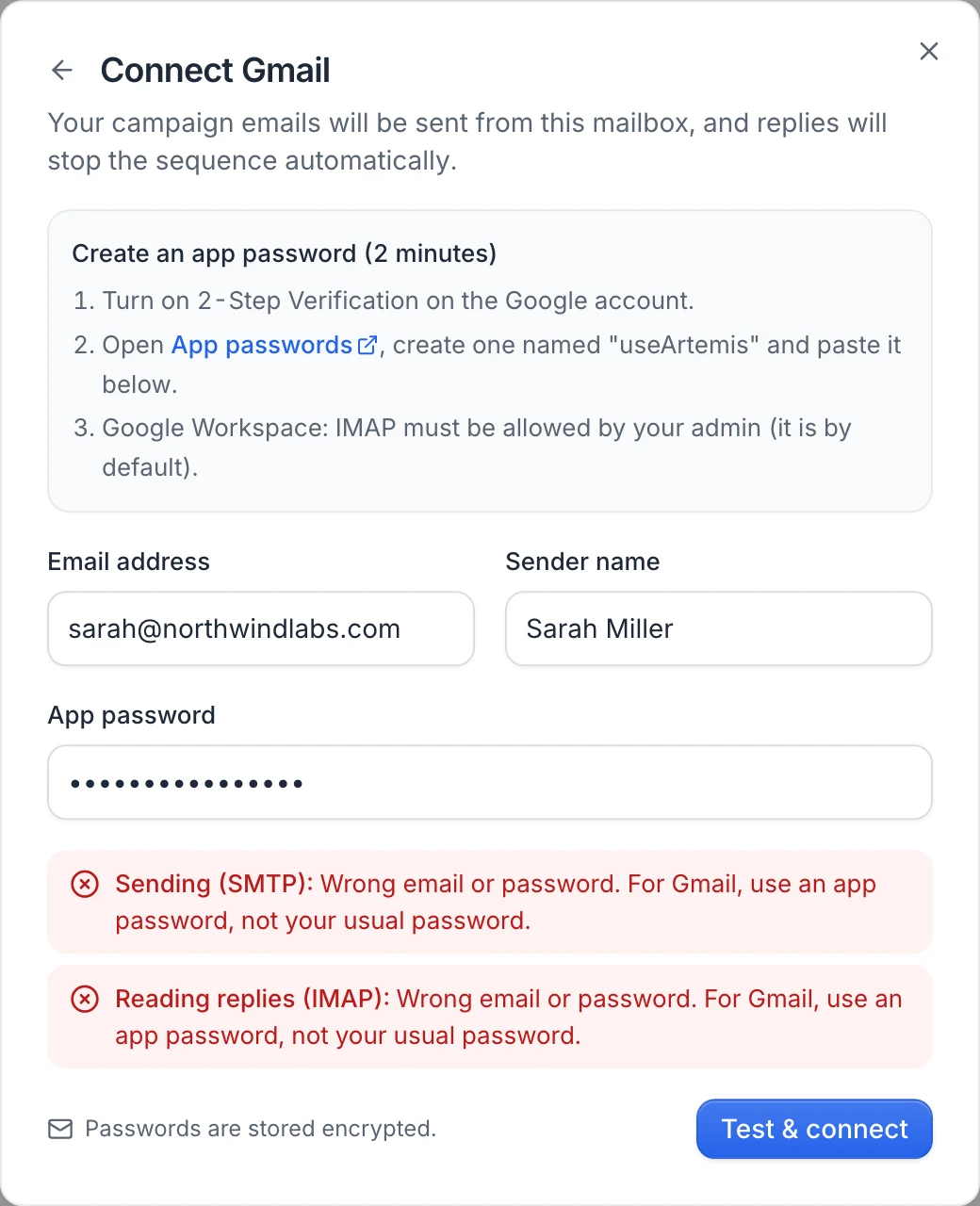 The Connect Gmail dialog after a failed test: Sending (SMTP) and Reading replies (IMAP) both show Wrong email or password