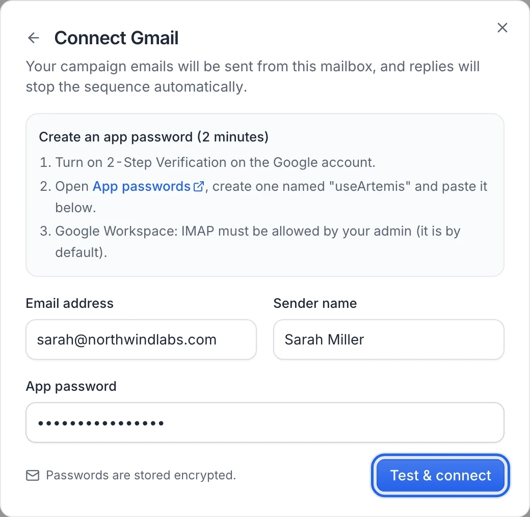The Connect Gmail dialog: app password instructions, Email address, Sender name, App password and the Test & connect button