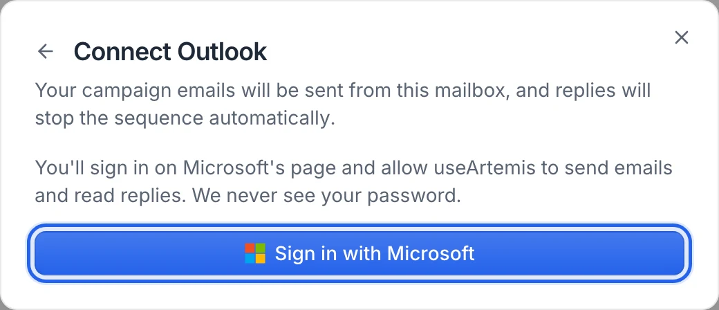 The Connect Outlook step of the Connect mailbox dialog, with the Sign in with Microsoft button