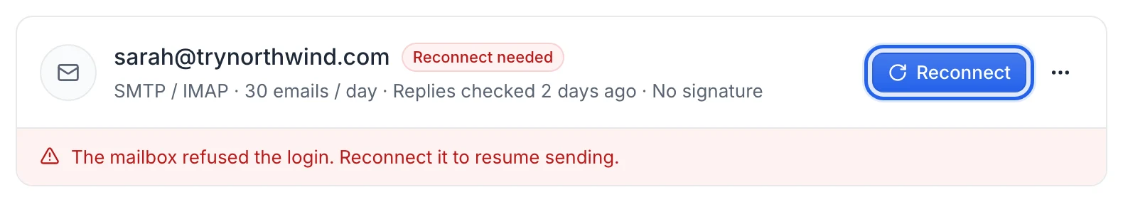 A mailbox card showing Reconnect needed, the reason in a red band and the Reconnect button