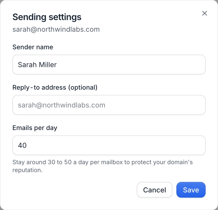 The Sending settings dialog of a mailbox: Sender name, Reply-to address (optional) and Emails per day
