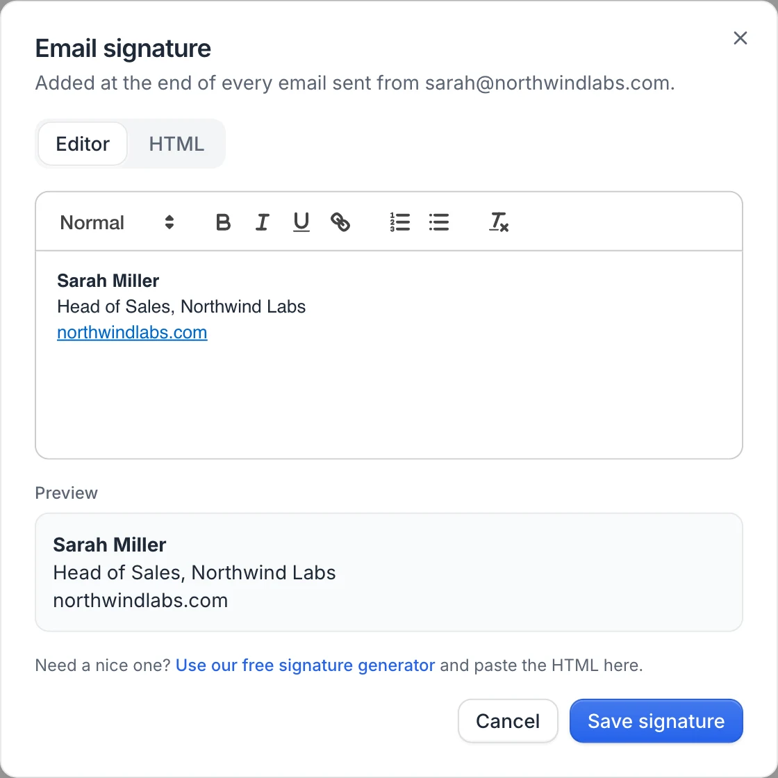 The Email signature dialog with the Editor and HTML tabs, the signature editor and its preview