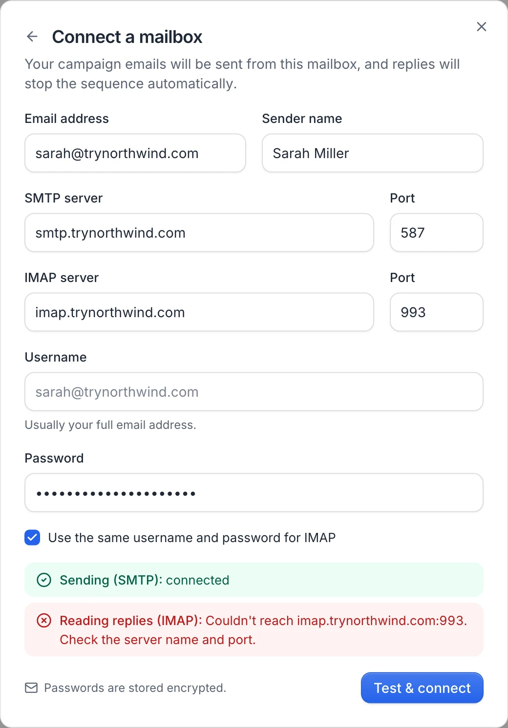 A connection test where Sending (SMTP) is connected and Reading replies (IMAP) can't reach the IMAP server