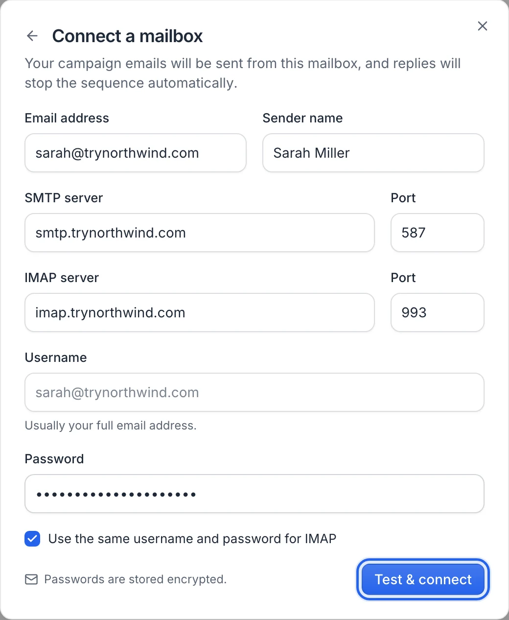 The Other provider form with the SMTP and IMAP servers filled in from the email domain, ports 587 and 993, and the Test & connect button