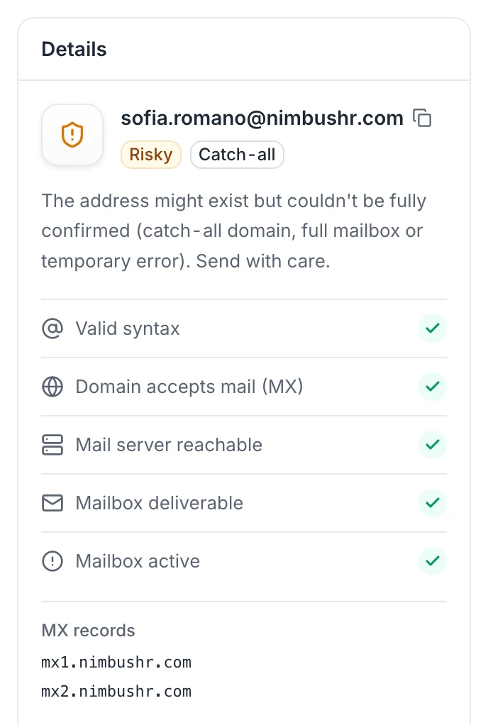 The Details panel of a Risky, catch-all address: the explanation, each step of the check and the MX records