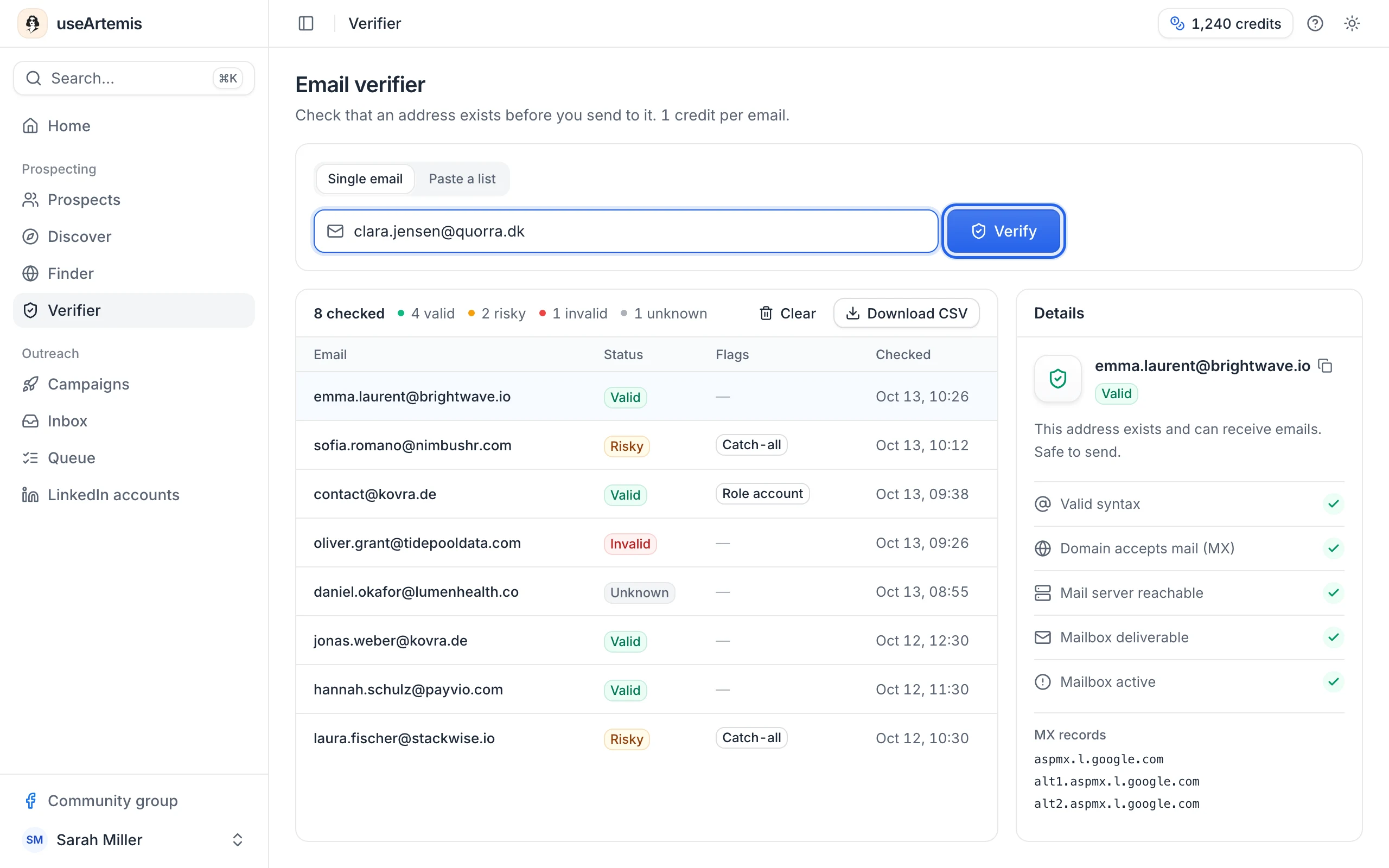 The Email verifier: an address typed in the Single email tab, the results of earlier checks and the Details panel