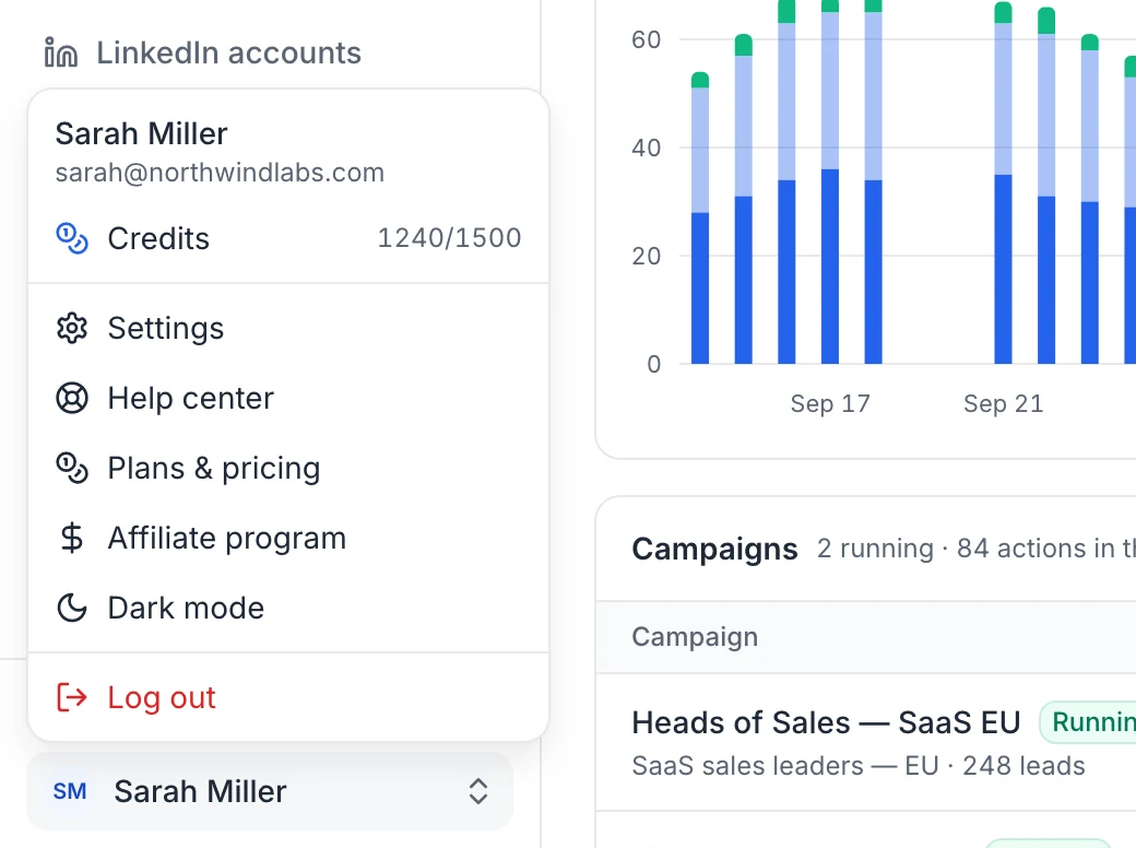 The account menu open at the bottom of the sidebar, with credits, Settings, Help center, Plans & pricing, Affiliate program, Dark mode and Log out