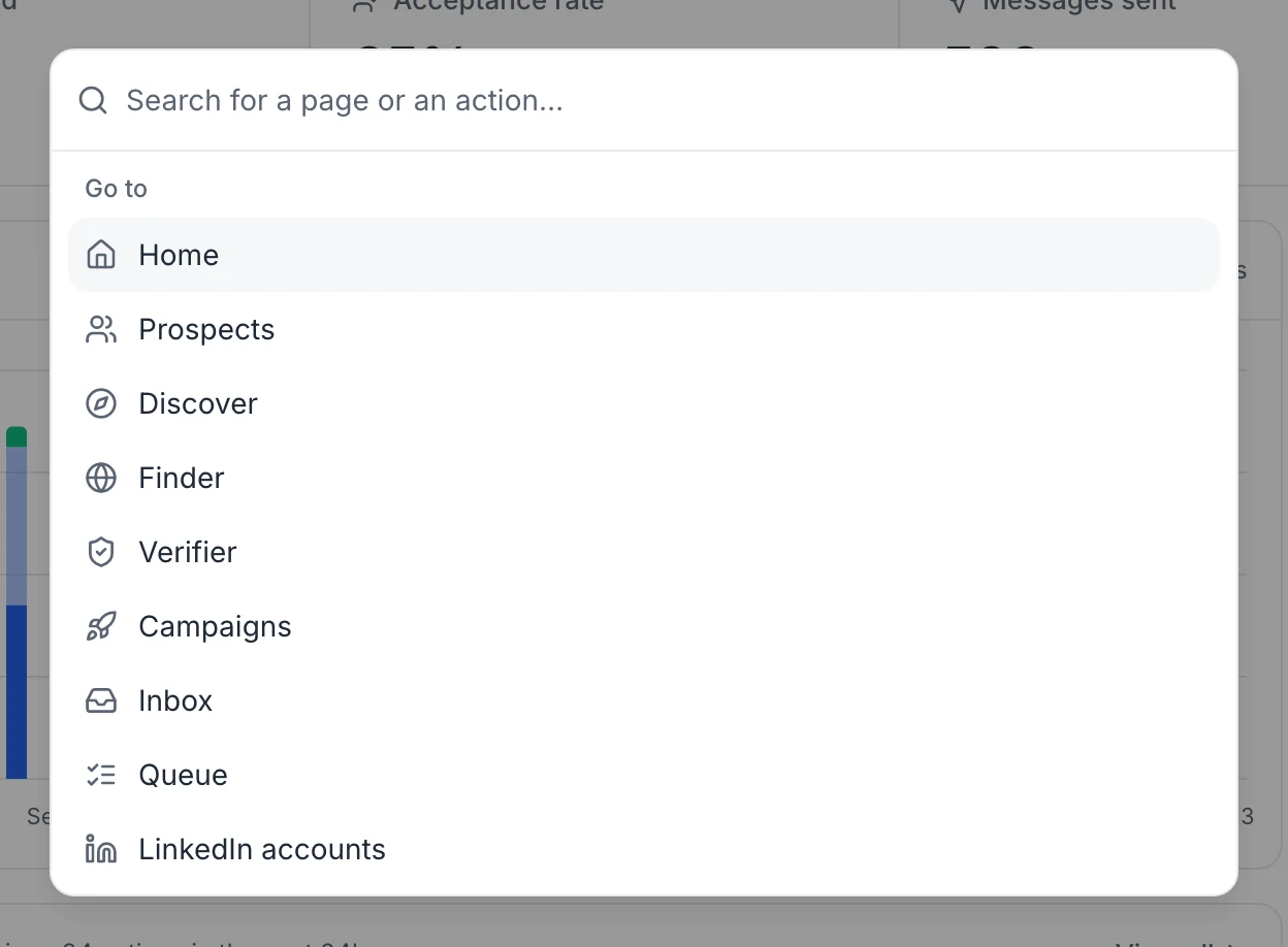The command menu open, with a search field and the Go to list of pages