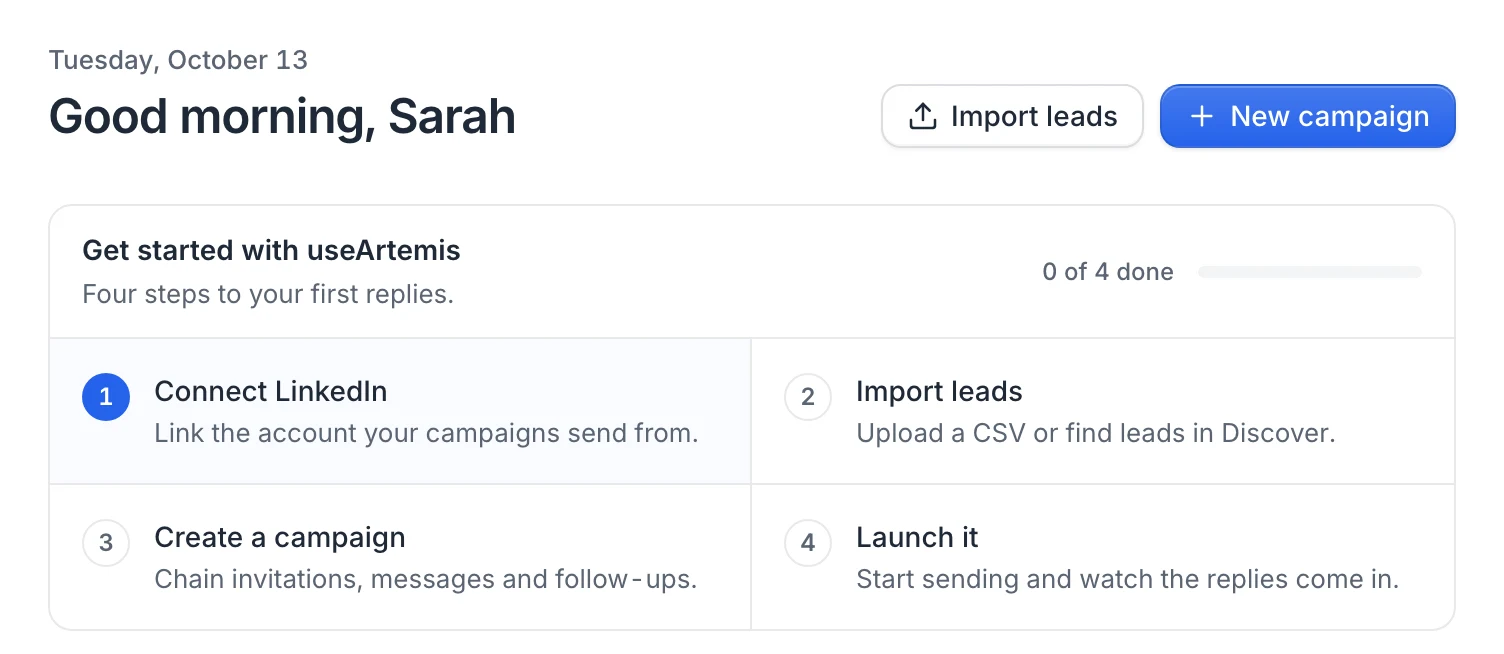 Home of a new account: the Import leads and New campaign buttons and the Get started with useArtemis checklist, 0 of 4 done