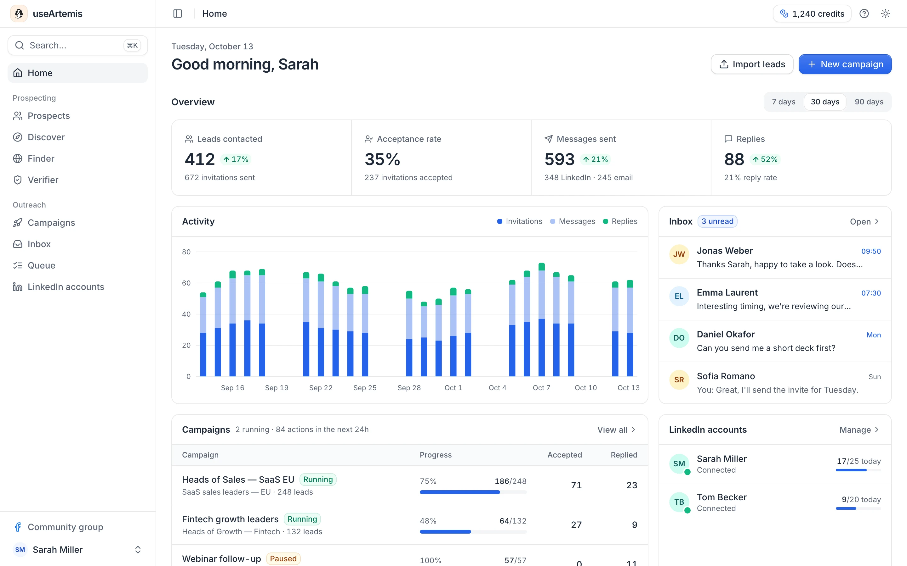The Home dashboard with the Overview stats, the Activity chart, the Inbox, Campaigns and LinkedIn accounts panels