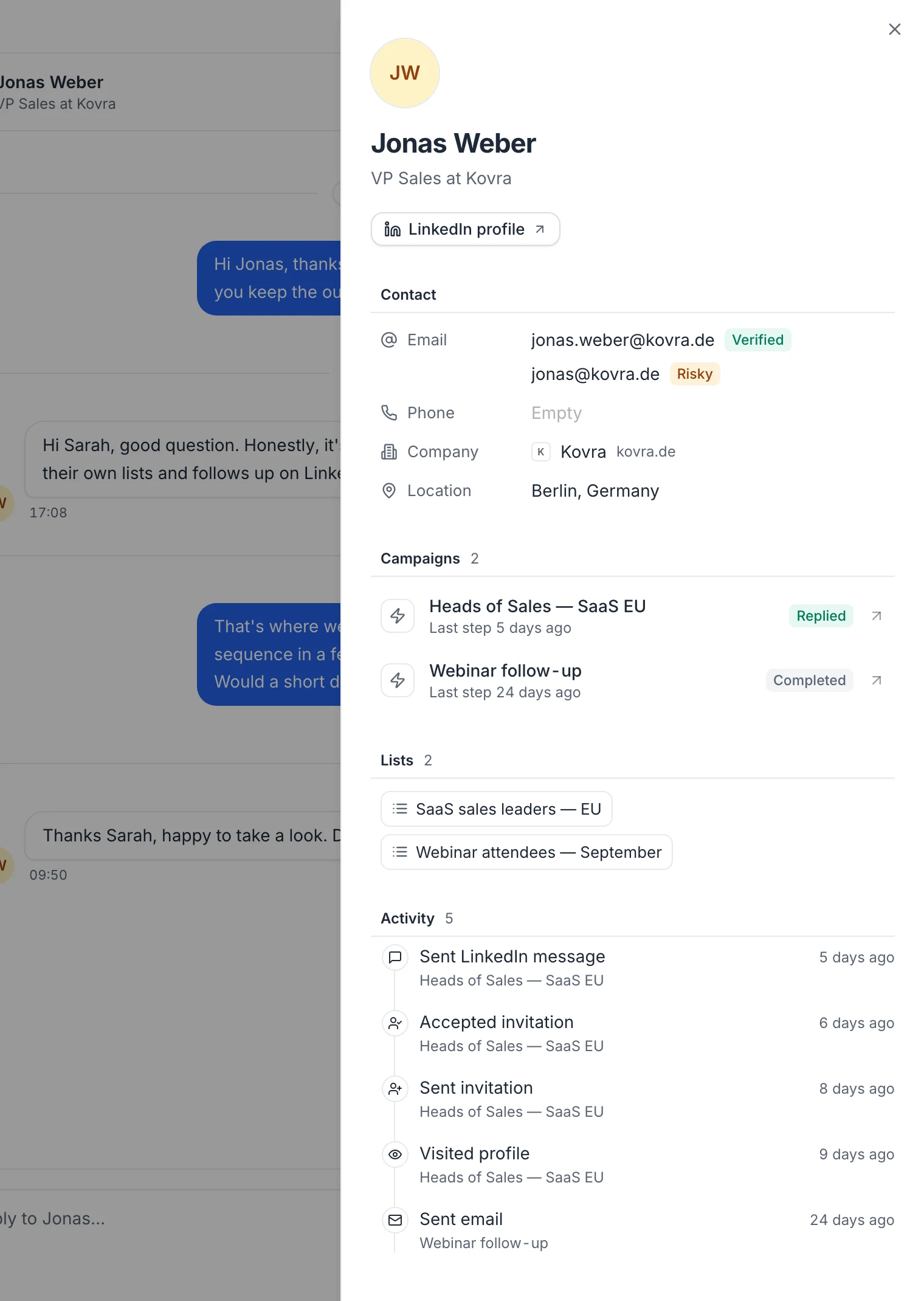 The Lead details panel: contact with verified emails, company and location, the lead's campaigns with their status, lists and activity timeline