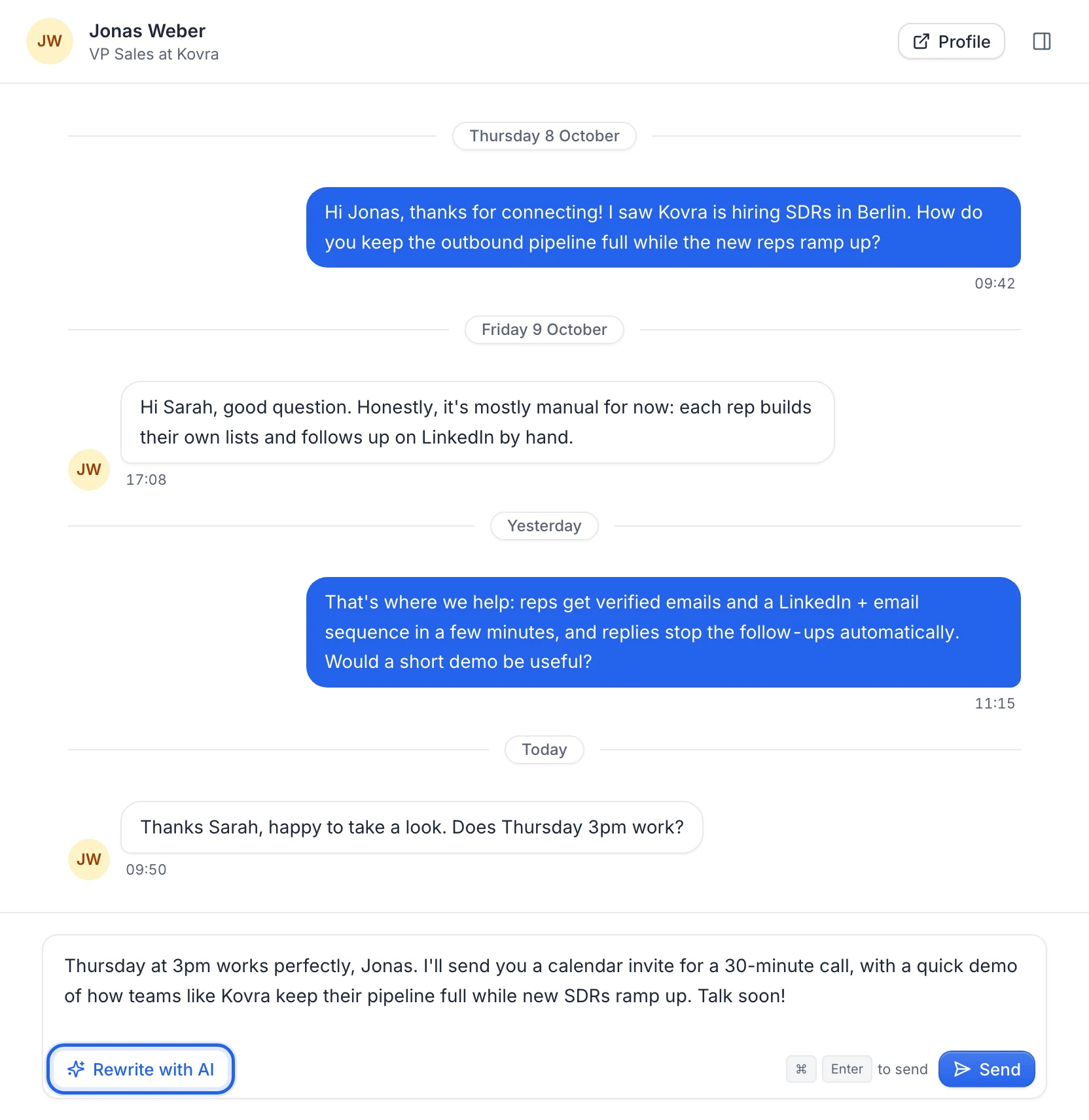 A conversation with an AI draft in the reply box, the Rewrite with AI button and Send