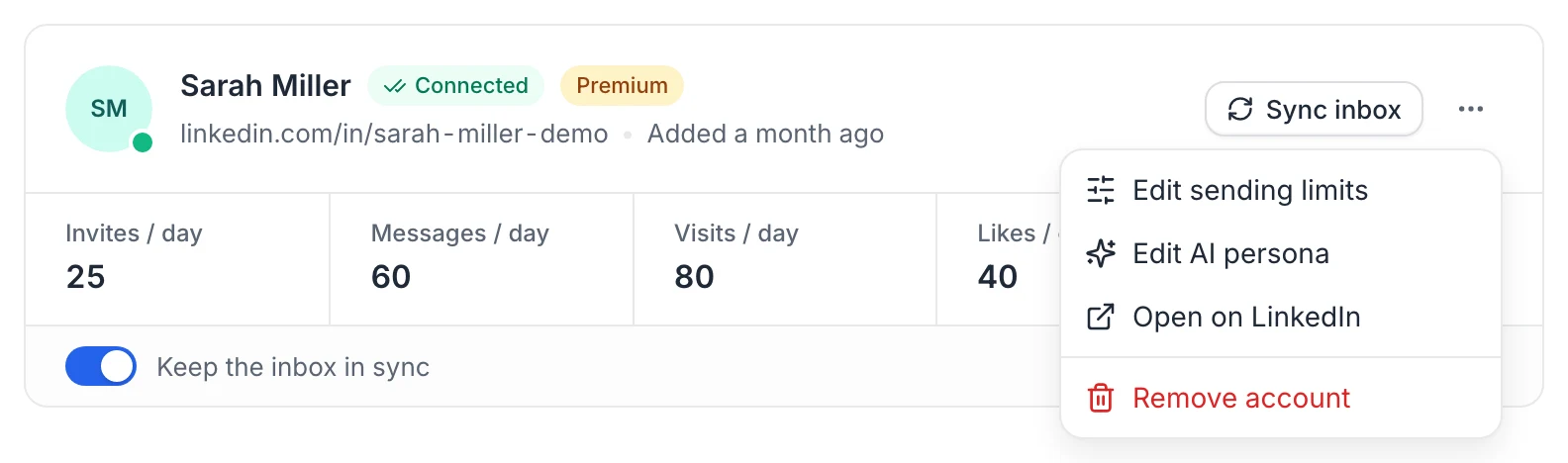 A LinkedIn account card with its limits row and the ⋯ menu open on Edit sending limits