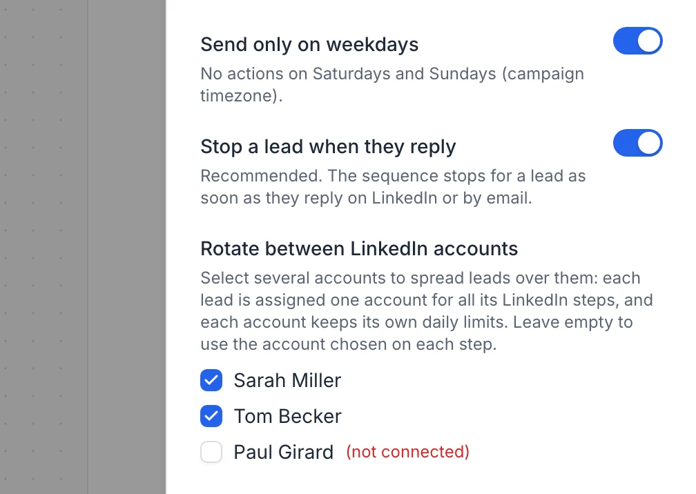 Rotate between LinkedIn accounts in Campaign settings, with two accounts ticked and a disconnected account marked (not connected)