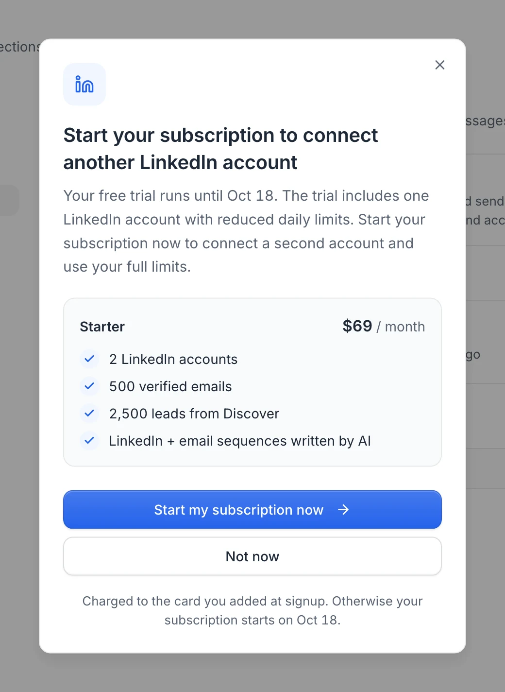 The Start your subscription to connect another LinkedIn account window, with the Starter plan at $69 per month, Start my subscription now and Not now