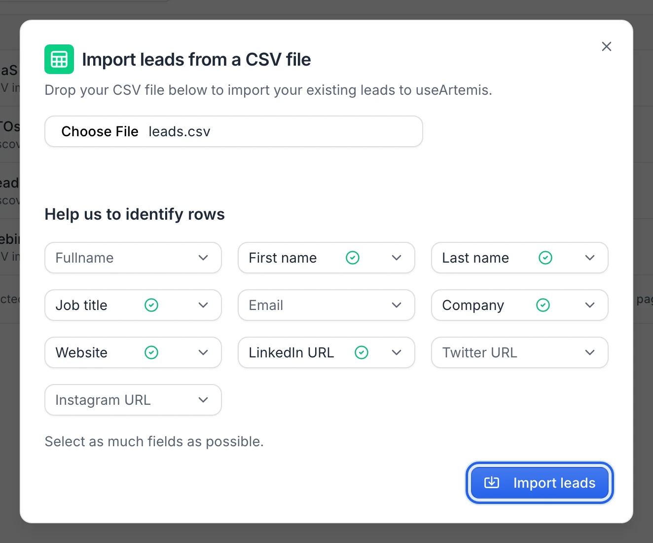 The Import leads from a CSV file dialog with first name, last name, job title, company, website and LinkedIn URL columns mapped