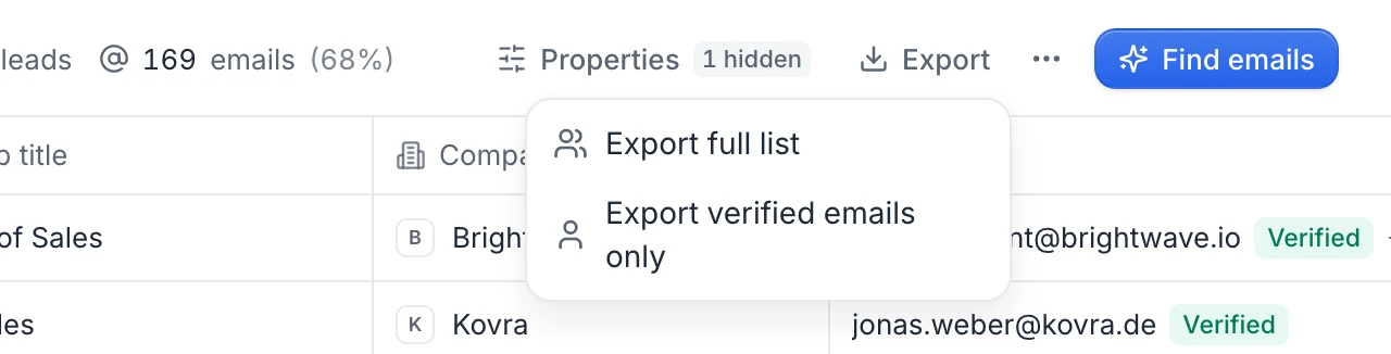 The Export menu of a list: Export full list and Export verified emails only