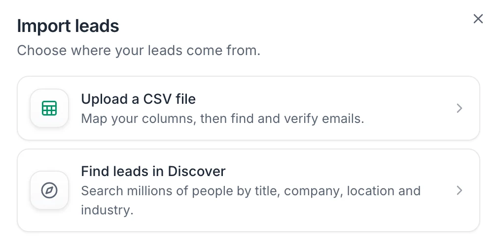 The Import leads dialog with the Upload a CSV file and Find leads in Discover options
