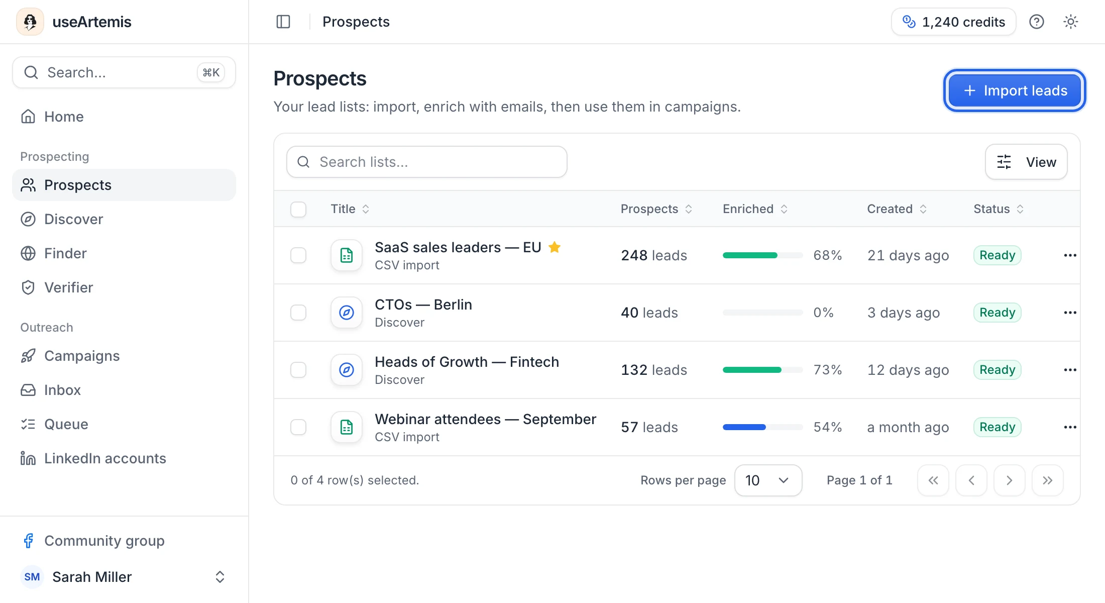 The Prospects page with the Import leads button at the top right