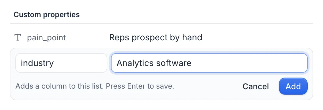 Adding a custom property: a property name and a value, with the Add button