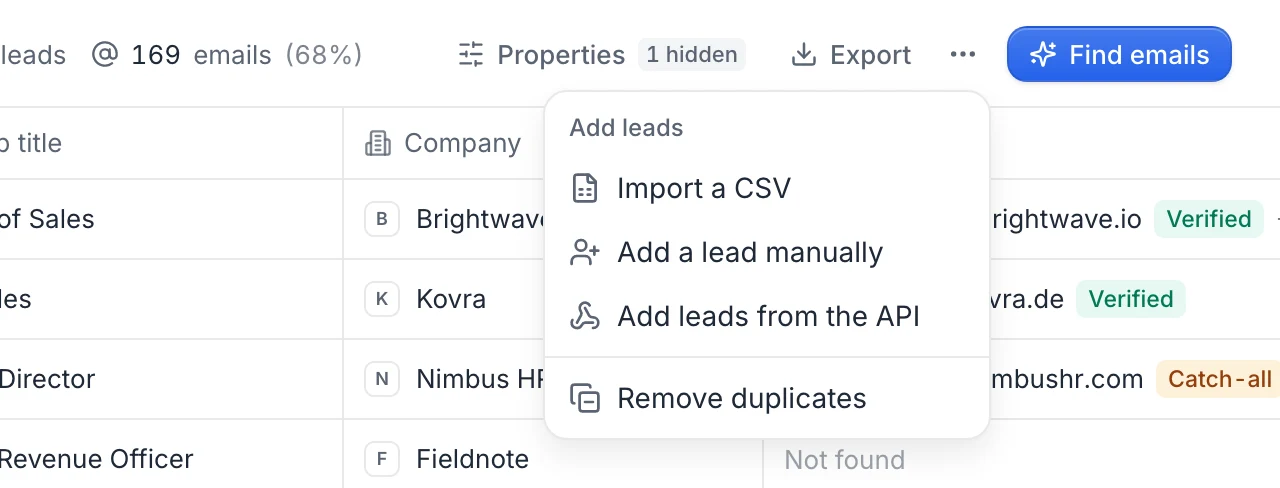 The More actions menu of a list: Import a CSV, Add a lead manually, Add leads from the API and Remove duplicates