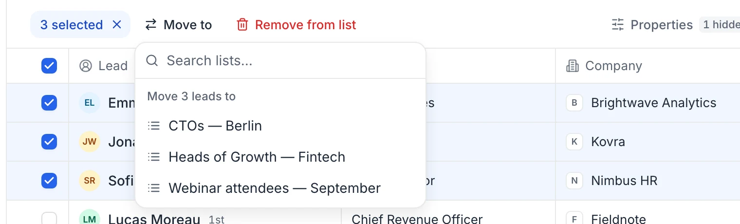 Three leads selected, with the Move to menu listing the other lists