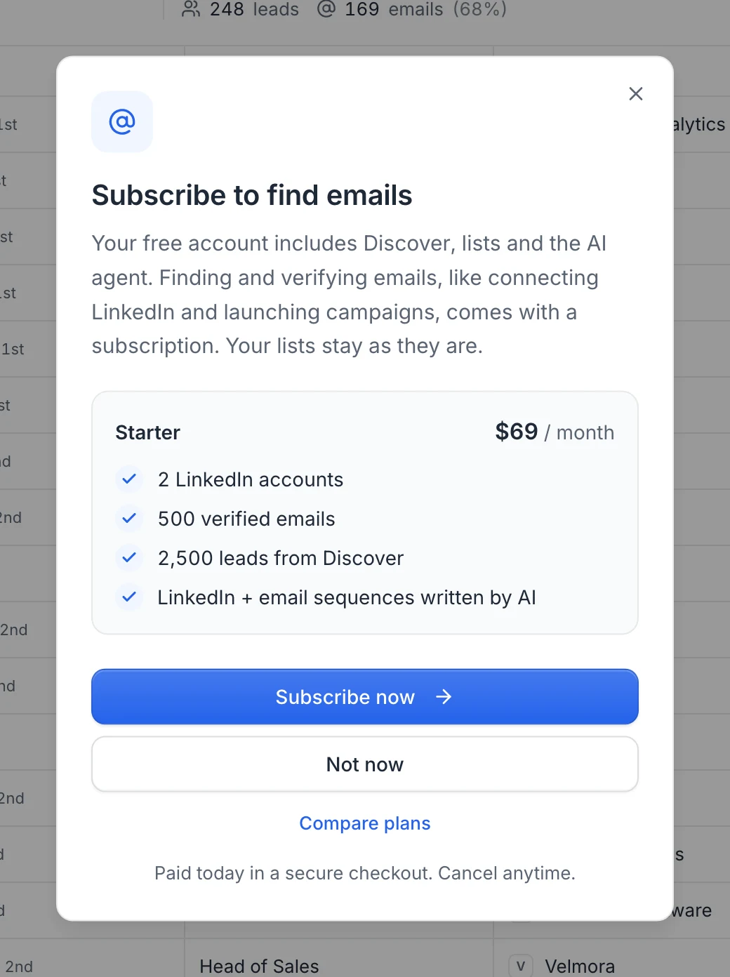 The Subscribe to find emails window, with the Starter plan at $69 per month, Subscribe now, Not now and Compare plans
