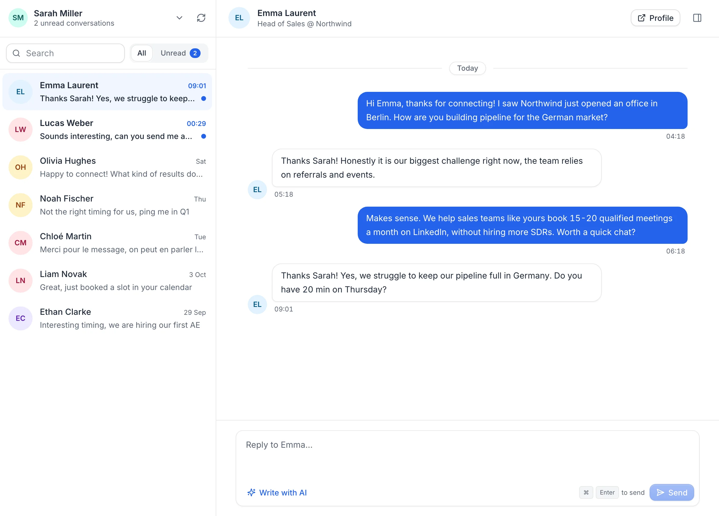 Unified LinkedIn inbox with a conversation and AI reply