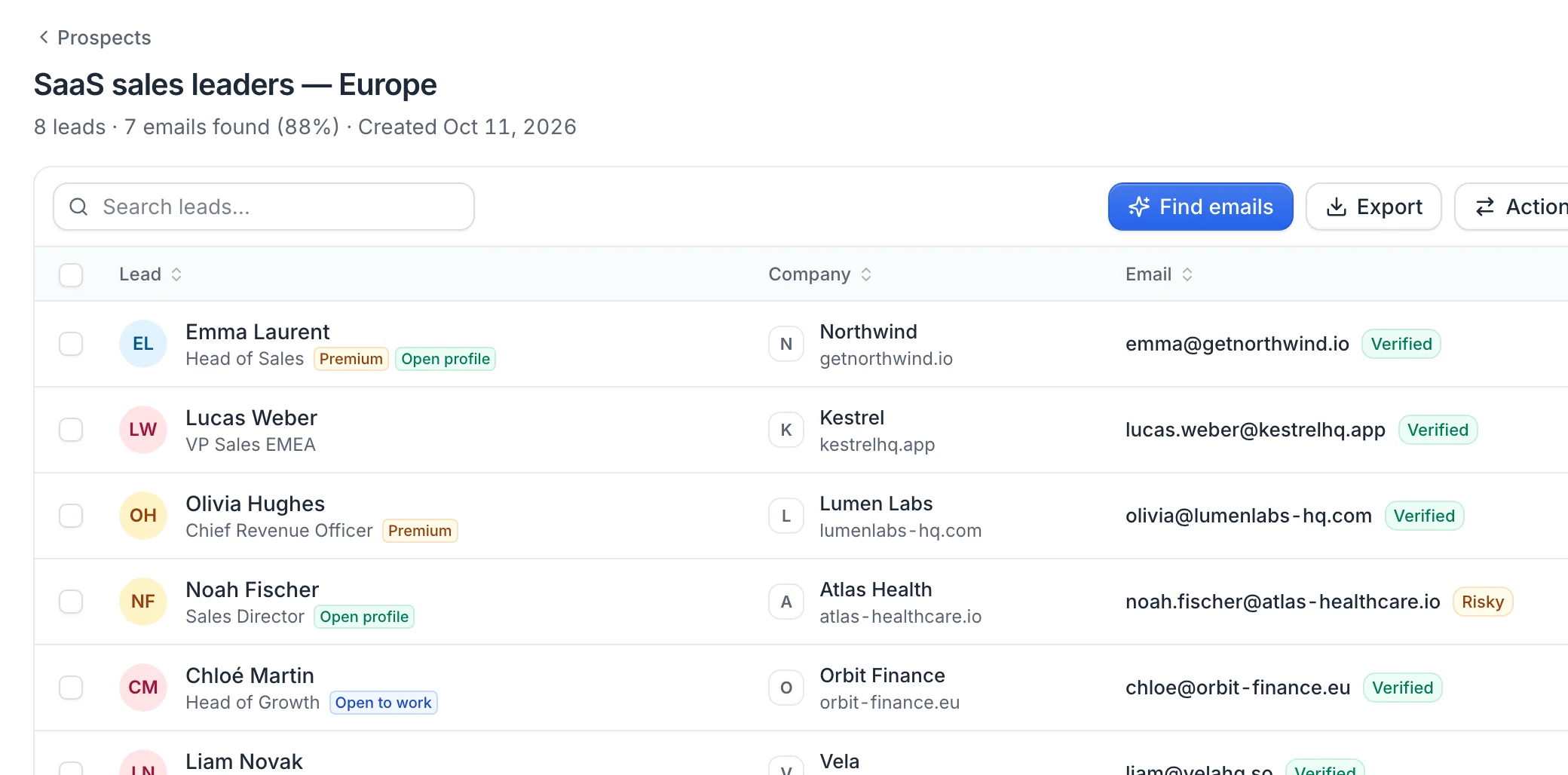 Lead list with verified emails, companies and LinkedIn signals