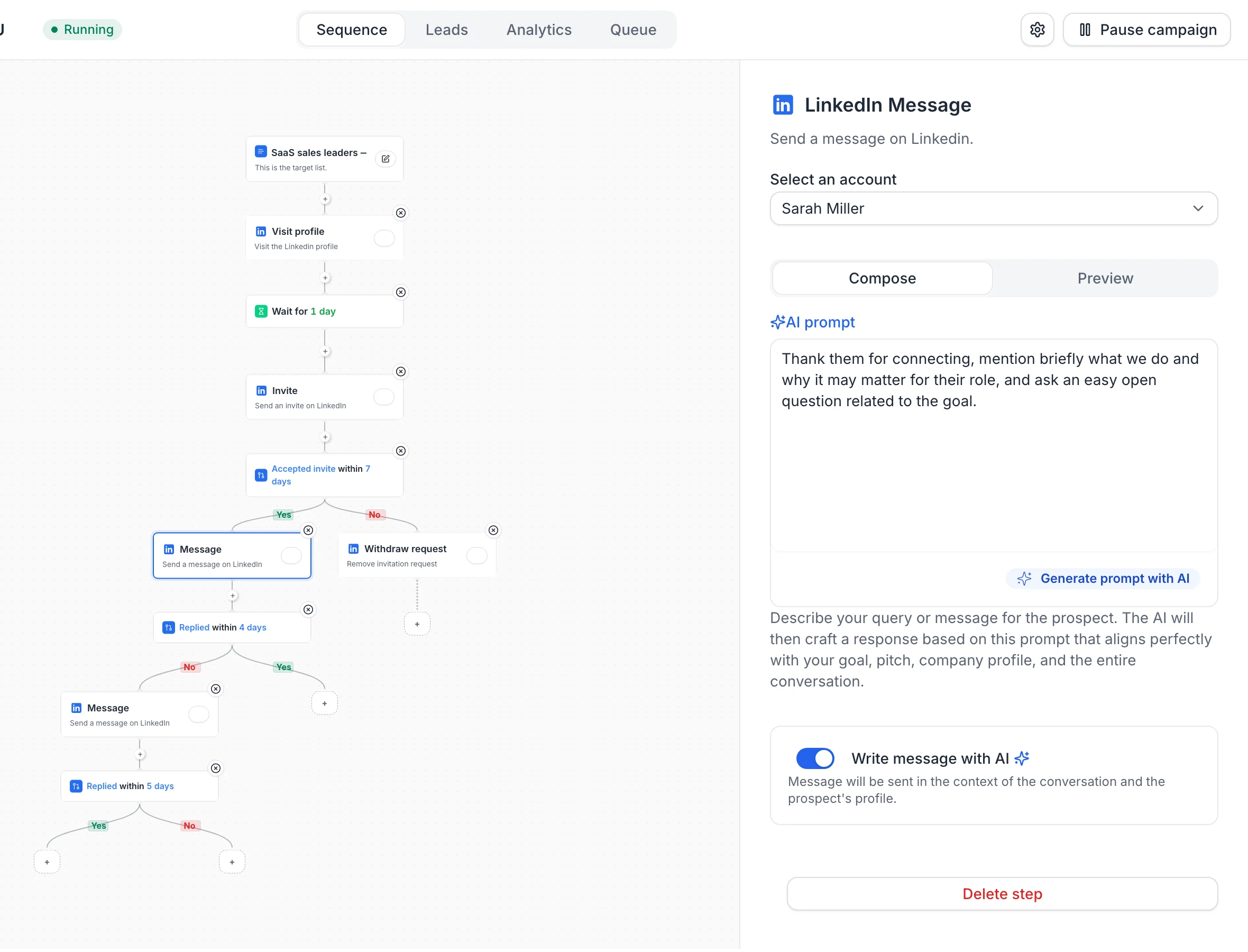 Campaign builder with a LinkedIn sequence and an AI-written message