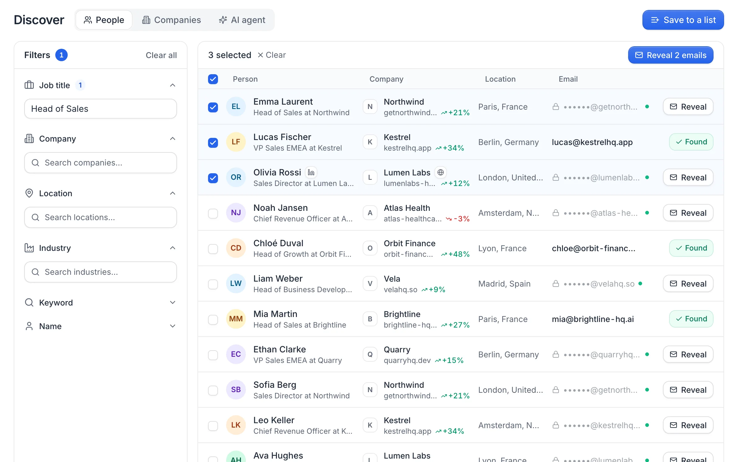 Lead finder with filters and results