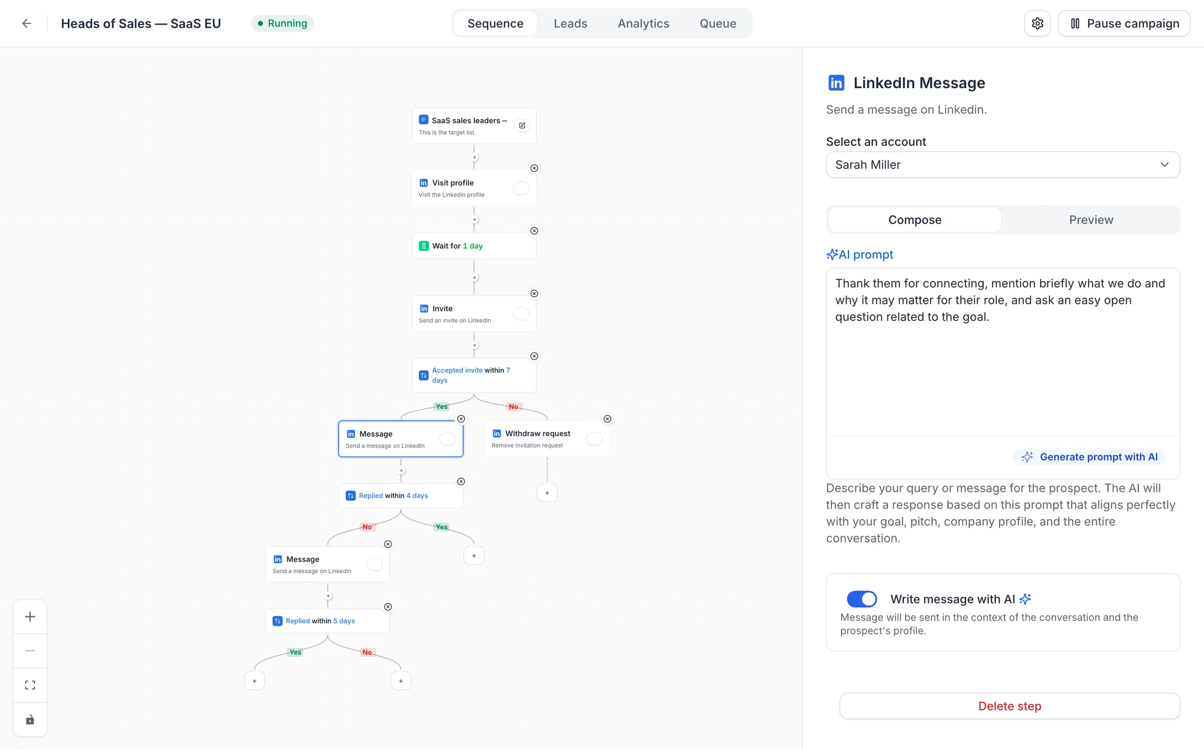 Sequence builder with an AI-written message